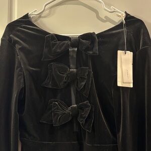 Black Velvet Long-Sleeve Bow-Accent Dress